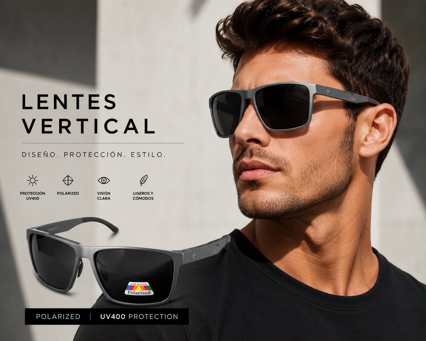 Lentes para el Sol. para caballero  - Marca Vertical -Gris Negro C185