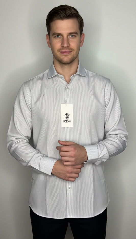 Camisa Formal Manga Larga rayada. Beige-Blanco NK14