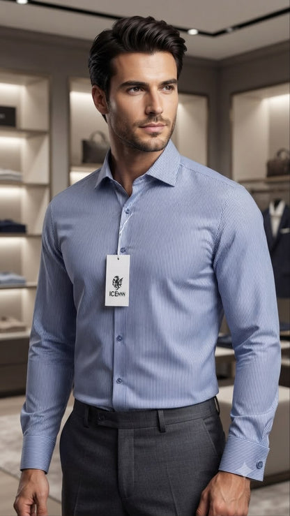 Camisa Formal Manga Larga rayada. Azul Marino-Blanco NK14