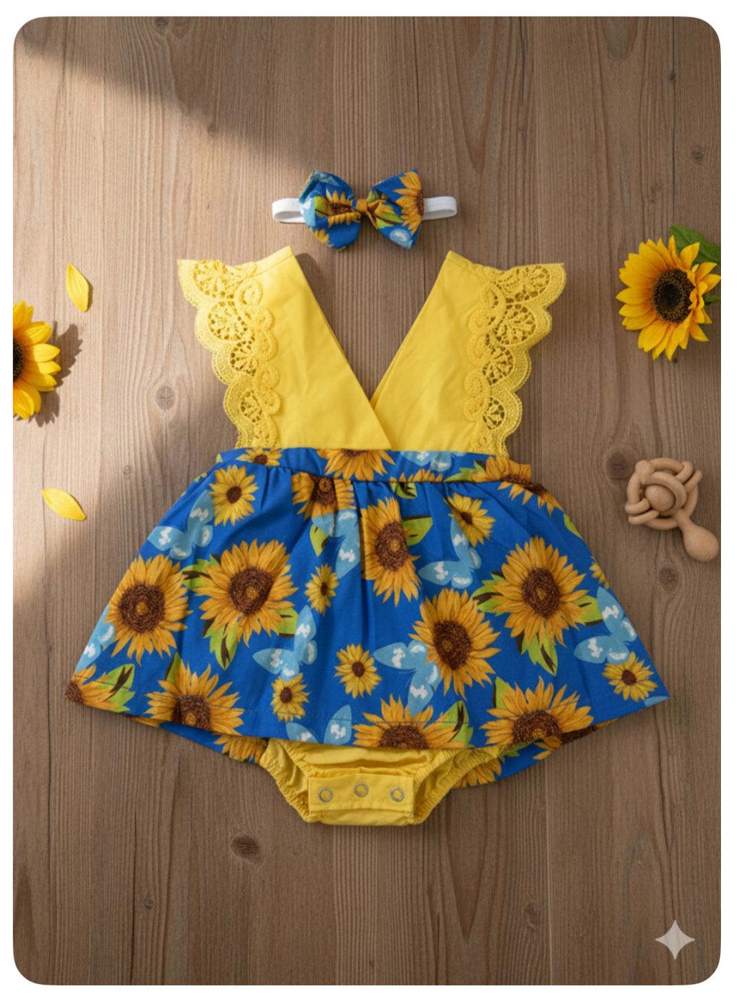 Mameluco para niña, estampado girasoles / RA127 / Amarillo azul