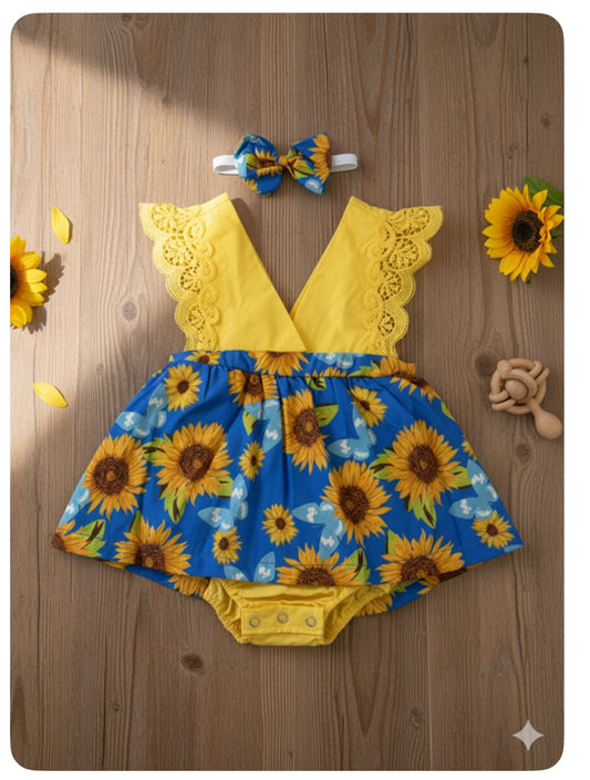 Mameluco para niña, estampado girasoles / RA127 / Amarillo azul