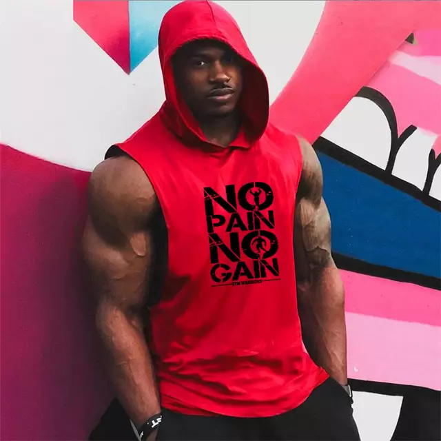 Camiseta Deportiva No Pain No Gain con Gorro Algodón Roja K49