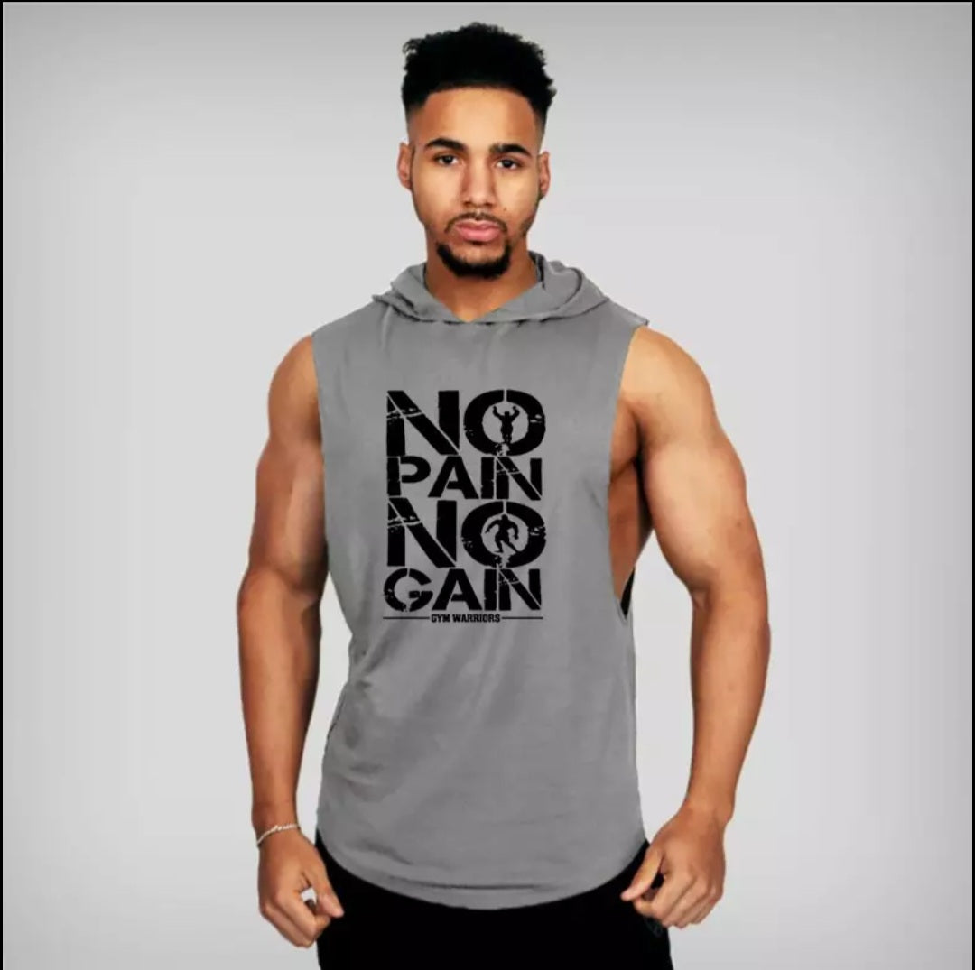 Camiseta Deportiva No Pain No Gain con Gorro Algodón Gris K49